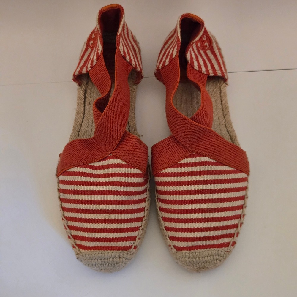 Tory Burch Striped Canvas Espadrille Flats Red White Elastic Straps Womens 7M